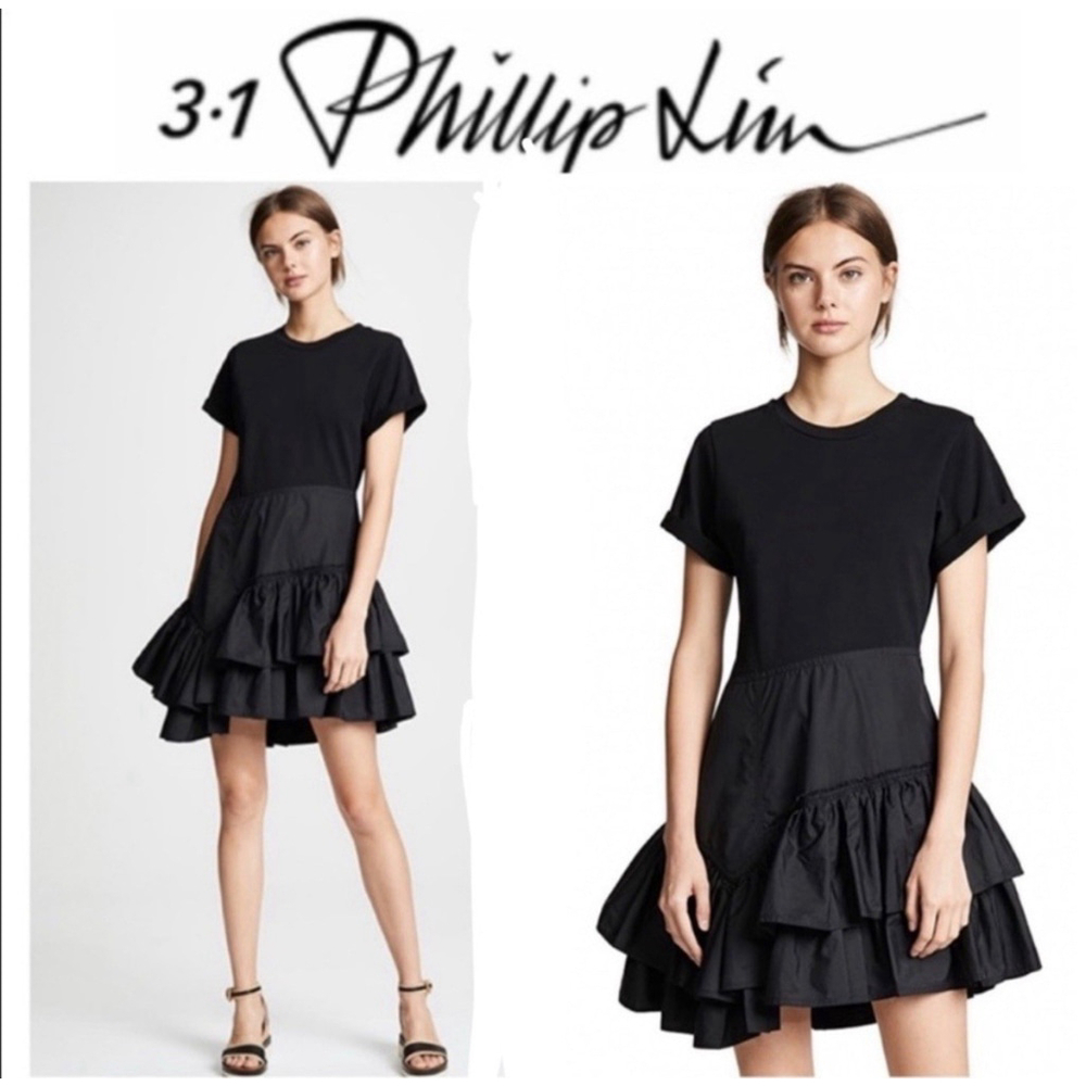 3.1 Phillip Lim Short Sleeve Flamenco Woven Cotton Dress Black Small $450 LKNEW